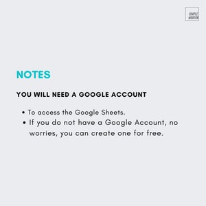 K&ouml;nnte beinhalten: Text auf wei&szlig;em Hintergrund, der "NOTES" und "YOU WILL NEED A GOOGLE ACCOUNT" lautet. Zwei Aufz&auml;hlungszeichen folgen: "Um auf die Google Sheets zuzugreifen." und "Wenn Sie kein Google-Konto haben, keine Sorge, Sie k&ouml;nnen kostenlos eines erstellen."
