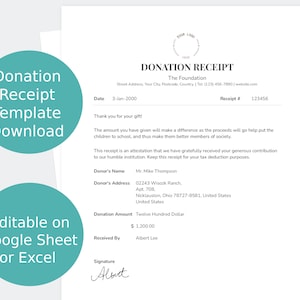 Donation Receipt Template Download, A4, US Letter Size, Easy Editable in Excel and Google Sheets, Simple Template for Charity Foundation