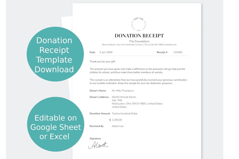 May include: A donation receipt template with the title "Donation Receipt" and the text "The Foundation" at the top. The receipt is dated 3-Jan-2000 and has a receipt number of 123456. The receipt includes the donor's name, address, donation amount, and the name of the person who received the donation. The signature line is signed "Albert".