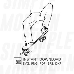 Dessin d'un homme sur une planche à roulettes SVG, fichiers d'art vectoriel à téléchargement immédiat pour la découpe et l'impression, stickers muraux en vinyle ou impression à la demande
