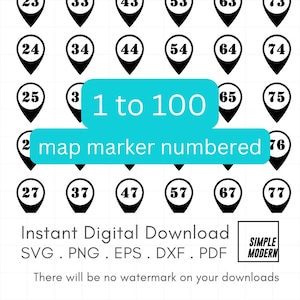 Map Marker SVG, nummerierte SVG 1 bis 100, minimalistische Pin Icons, Map Pointer Schablone, schneiden und drucken Sofort Download, png pdf eps dxf