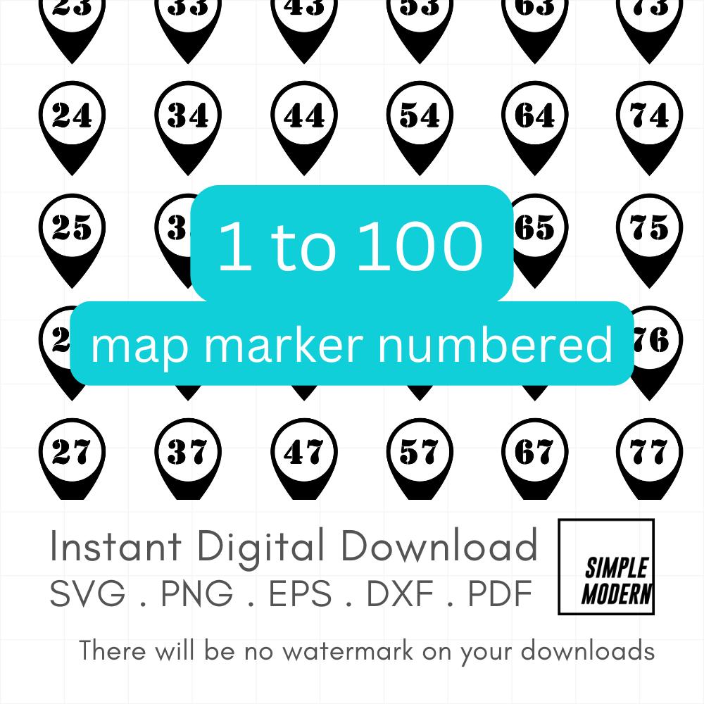 Map Marker Numbered SVG 1 to 100, Minimalist Location Pin Icons, Map ...