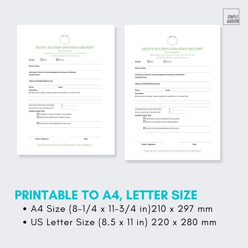 Silent Auction Donation Receipt Form Instant Digital Download, Editable ...