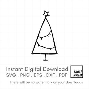 May include: A black and white line drawing of a Christmas tree with a star on top and lights on the branches.