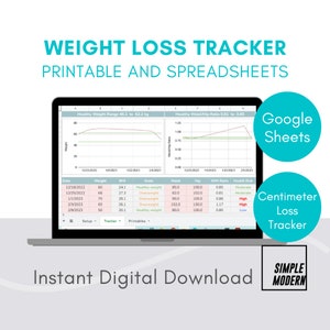 Hoja de cálculo de Google Sheets del rastreador de pérdida de peso, plantilla imprimible digital de descarga instantánea, rastreador de pérdida de centímetros, IMC, relación cintura-cadera