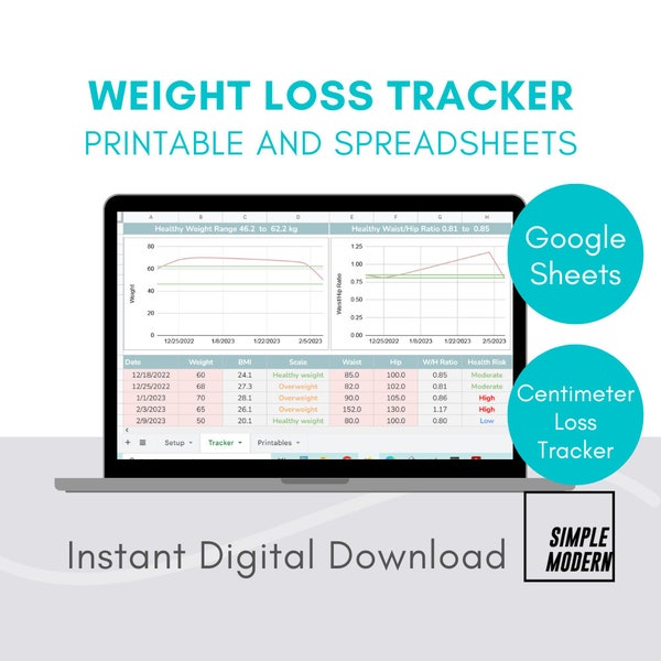 Weight Loss Tracker Google Sheets Spreadsheet, Instant Download Digital Printable Template, Centimeter Loss Tracker, BMI, Waist to Hip Ratio