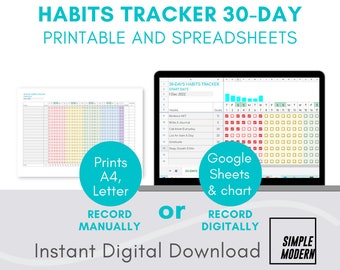 30 Day Habit Tracker Google Sheets Template, Simple Data Entry Digitally or Print and Record Manually, Any Start Date Set Habits and Goals