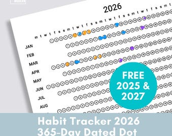 365 Day Habit Tracker 2026, 2027 Printable, Annual Dot Dated Calendar, Instant Download Productivity Tracker SVG PDF PNG, Clean Minimalist