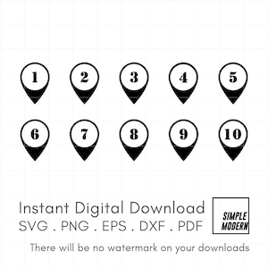 Karte Markierung Nummeriert SVG 1 bis 10, minimalistische Position Pin Icons, Karte Zeiger schneiden und Drucken Dateien Sofort-Download, png pdf eps dxf enthalten
