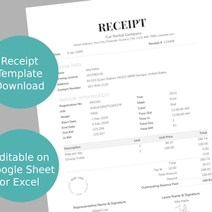 Descarga de plantilla de recibo de alquiler de automóviles, tamaño carta de EE. UU., fácil de editar en Excel y Google Sheets, plantilla de recibo moderna para alquiler de vehículos