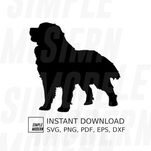 Può includere: Silhouette nera di un cane, probabilmente un Terranova, su sfondo bianco. L'immagine include il testo "INSTANT DOWNLOAD" e le opzioni di tipo di file: SVG, PNG, PDF, EPS e DXF. Il design è etichettato "SIMPLE MODERN".