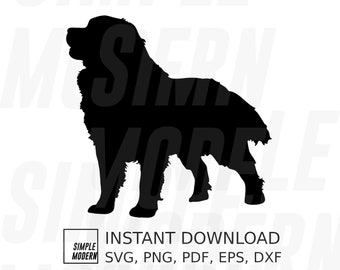 May include: A black silhouette of a dog, likely a Newfoundland, standing on a white background. The image includes the text "INSTANT DOWNLOAD" and file type options: SVG, PNG, PDF, EPS, and DXF. The design is labeled "SIMPLE MODERN".