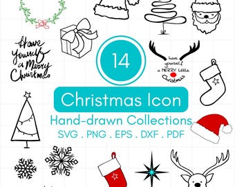 Hand-drawn Christmas SVG Files, Instant Download Vector, Simple Fine Line Holiday Festive Xmas Clipart, Set of 14 Designs, pdf png eps dxf