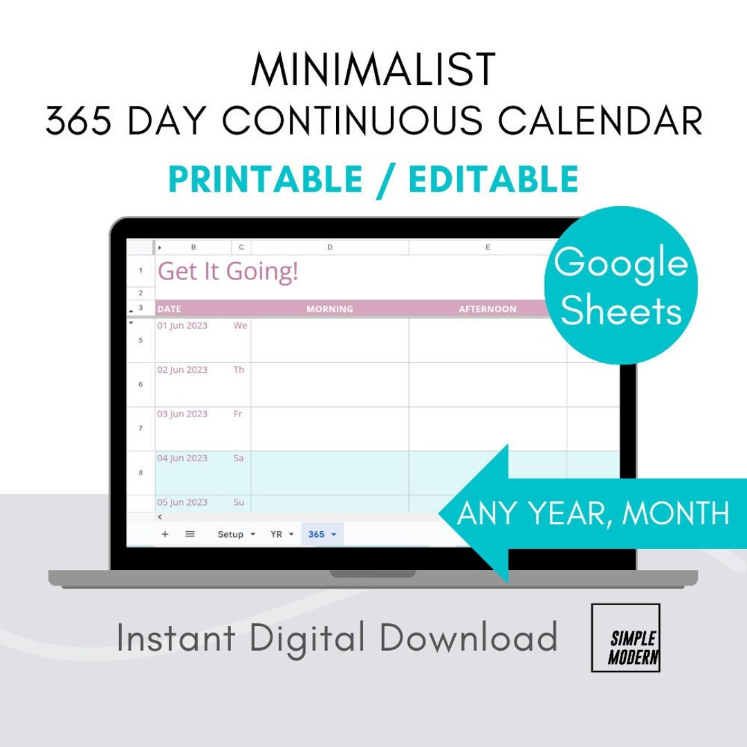 365 Day Planner Continuous Calendar, Simple Editable Printable Google ...