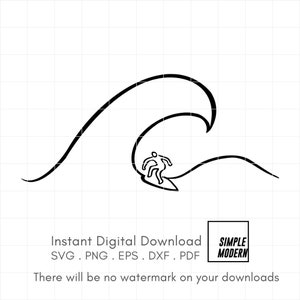 Surfer auf Welle SVG-Datei zum Schneiden und Drucken, sofortiger Download für persönliche und kommerzielle Nutzung, Hand gezeichneter Mann der durch große Welle surft