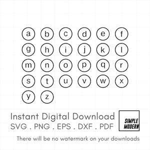 Puede incluir: Gráfico digital en blanco y negro con las letras del alfabeto de la a a la z, cada una dentro de un círculo. También se incluye el texto "Descarga digital instantánea" y opciones de tipo de archivo.
