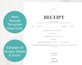 Rent Receipt Template Download, A4, US Letter Size, Easy Editable in Excel and Google Sheets, Simple Modern Receipt Template for Real Estate