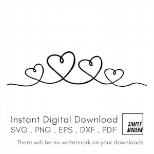 Arquivo SVG de quatro corações desenhado à mão para corte e impressão, download instantâneo de arte vetorial, 4 corações conectados em uma corda, linha de redemoinho de ícone de amor