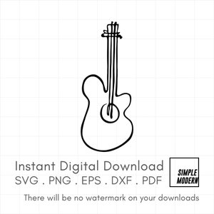 Lijntekening gitaar SVG-bestanden om te snijden en af te drukken, instant digitale download gitaar schets vectorbestand, handgetekende muziekinstrument
