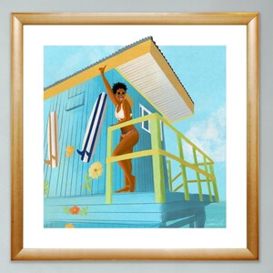 May include: A framed illustration of a woman standing on a blue and yellow lifeguard stand with a surfboard leaning against the side. The woman is wearing a white bikini and sunglasses. The stand is decorated with flowers and has a yellow railing.