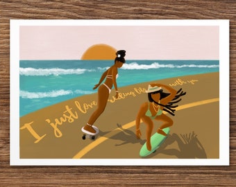Black girls skateboarding, Skateboarding postcard, Skateboarding holiday postcard, Skateboarding gift idea, Love and friendship card