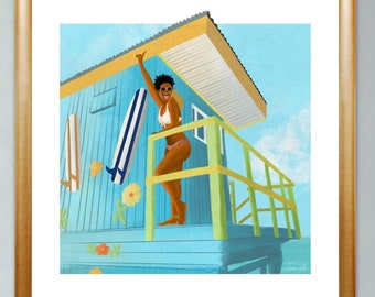 Happy woman in a lifeguard house, Coastal wall art for rental, Beach art for entryway