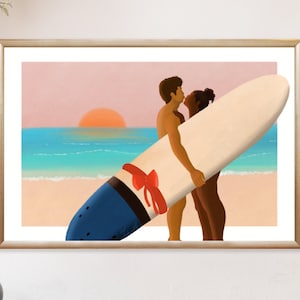 Couple on a beach Surf couple Digital illustration Surf art poster Longboard poster Surf couple gift Valentine gift Valentine gift for her