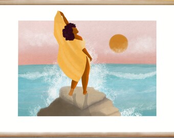 Woman with an afro in a yellow dress at the beach, digital download poster, instant wall art download, coastal home art, gift for mother