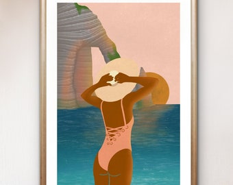Woman on the beach in Etretat, travel printable poster, coastal digital print, Etretat poster, soft life art print, France art