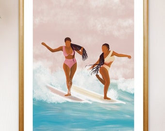 Dwie surferki imprezują na plakacie Longboards, Digital Download, plakat artystyczny surfowania, sztuka do natychmiastowego druku, fajny nadruk oceaniczny