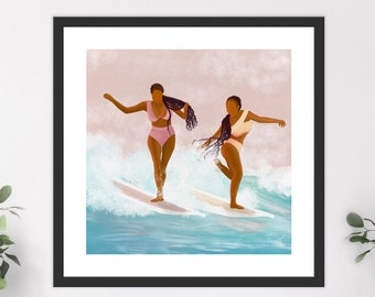 Black women longboard surfing, Digital surf art, Longboard surf poster, Home wall art, Bestfriend art, Valentine gift, Couple gift, For her