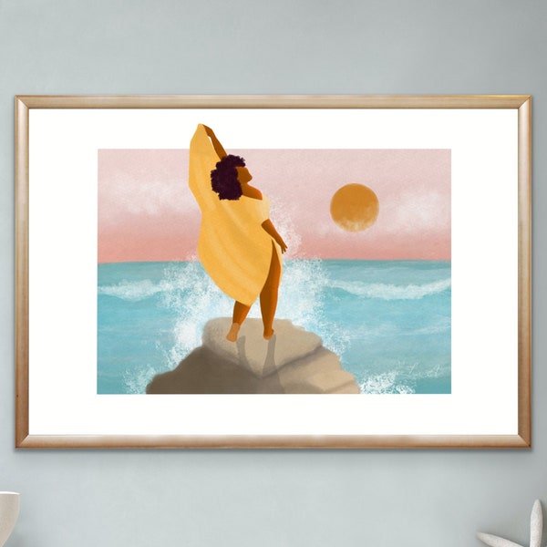 Woman with afro at the beach, Black and unbothered woman, Coastal home vibe, Black women in luxury, bedroom wall art, Gift for mother