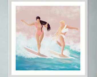 kobiety longboard surfing, cyfrowa sztuka surfingu, plakat surfowania na longboardzie, sztuka ścienna do domu, sztuka najlepszego przyjaciela, prezent dla najlepszego przyjaciela, prezent dla par, dla niej