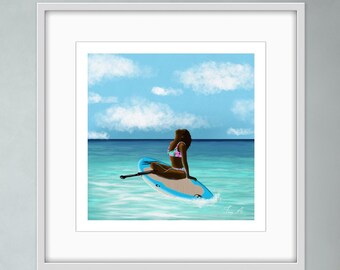 Beautiful woman paddling, black woman at the beach, black woman and water, bedroom poster, hallway wall art, bedroom art