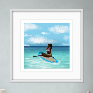 Beautiful woman paddling, black woman at the beach, black woman and water, bedroom poster, hallway wall art, bedroom art