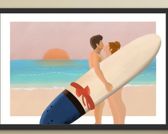 Para na plaży, ilustracja cyfrowa, plakat artystyczny surfingu, plakat longboardowy, prezent dla pary surfingowej, prezent walentynkowy, prezent walentynkowy dla niej