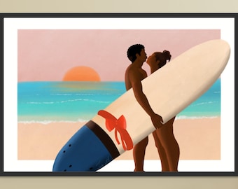 Black couple kissing on a beach and holding a surfboard gift, Surf art poster for bedroom, wall art for home decor, romantic gift