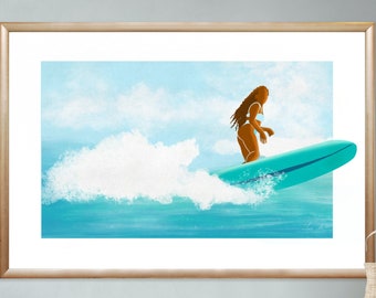 Woman longboard surfing, Longboard surf Poster, Surfer riding waves, Hawaiian surf art, Coastal wall art, Surf poster gift, Surfing Gift