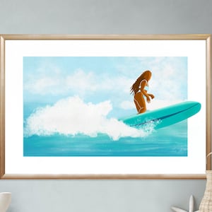 May include: A framed illustration of a person surfing on a turquoise surfboard with a white wave behind them. The background is a light blue sky with white clouds.