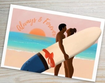 Para surferów trzymająca deskę surfingową, kartka surfingowa, kartka świąteczna z surfingiem, wyjątkowy prezent urodzinowy