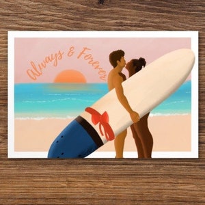 Tarjeta de vacaciones de pareja de surf interracial, tarjeta de felicitación de pareja de surf