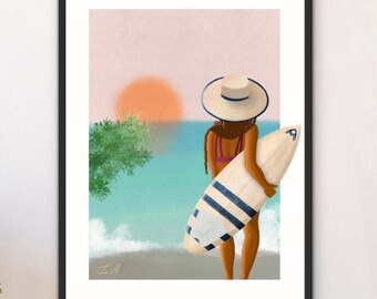 Kobieta trzymająca deskę surfingową patrzącą na zachód słońca, plakat z grafiką surfingową, przybrzeżna grafika ścienna do domu, dekoracja domu na plaży