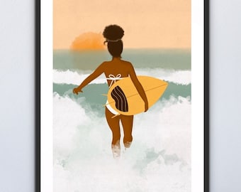 Kobieta biegająca, aby złapać falę plakat ścienny, natychmiastowa grafika surfingowa do druku, cyfrowy druk artystyczny dla domu przybrzeżnego, prezent dla surferów, sztuka ilustrowana