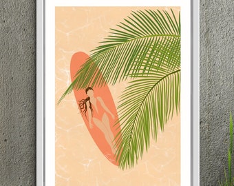 Woman enjoying her paddleboard instant download, printable paddleboard art, tropical getaway art, bathroom wall art