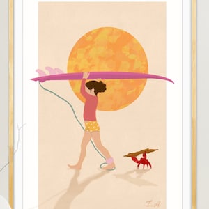 Surf wall print of young girl on the beach followed by a crab, cute digitam download, printable poster, girl and sidekick art