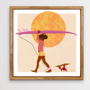 May include: A young person in a pink shirt and yellow polka dot shorts carries a pink surfboard under a large orange sun. A red crab is on the sand below.