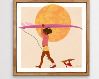 Young black girl surfer carrying her surfboard with her crab companion