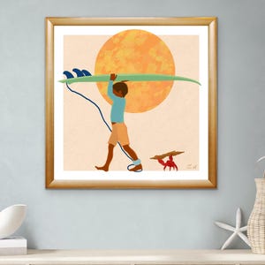 Surf Art Print - Black Boy with Surfboard Under Sunset | Coastal Wall Art for Kids&#39; Room, Beach House Decor, Diverse Representation