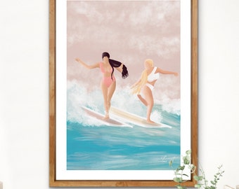 Wall print of two women having fun on longboards, coastal digital download, tropical printable art, beach house wall decor,