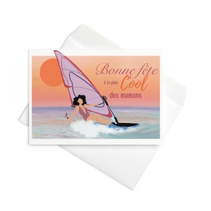 Carte Fête des Mères Originale – Maman Cool en Planche à Voile – Illustration Moderne avec Enveloppe